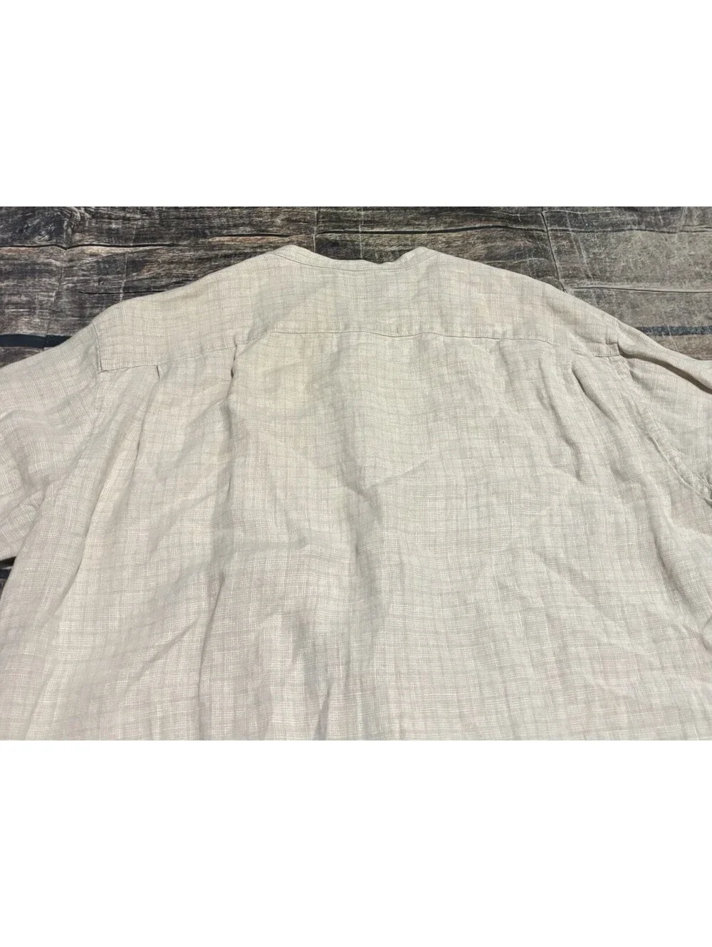 90s J Crew Shirt Mens Large Linen Check Beige Band Collar Pocket